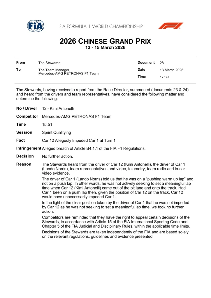 Antonelli, no penalty: his argument confirmed, Norris was not on a fast lap