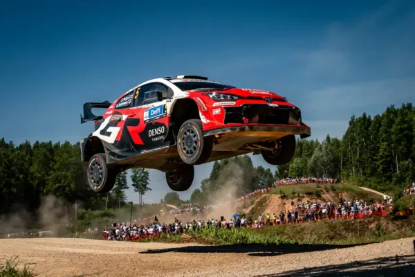 Sami Pajari celebrates his first WRC victory at the Rally Estonia