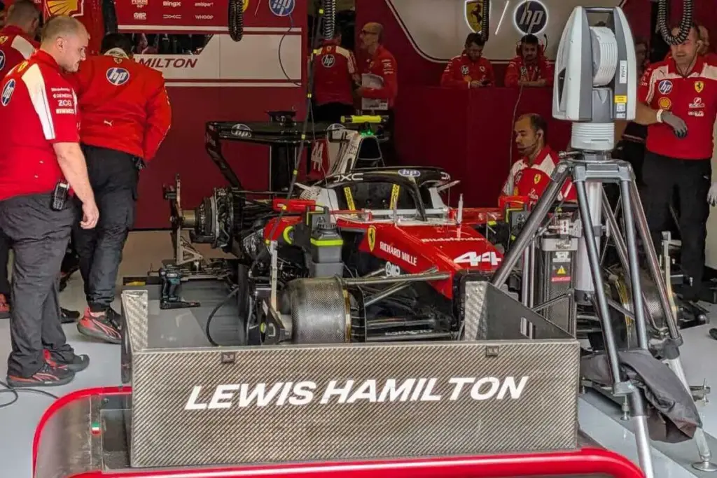 Hamilton's Ferrari in the Spa pits